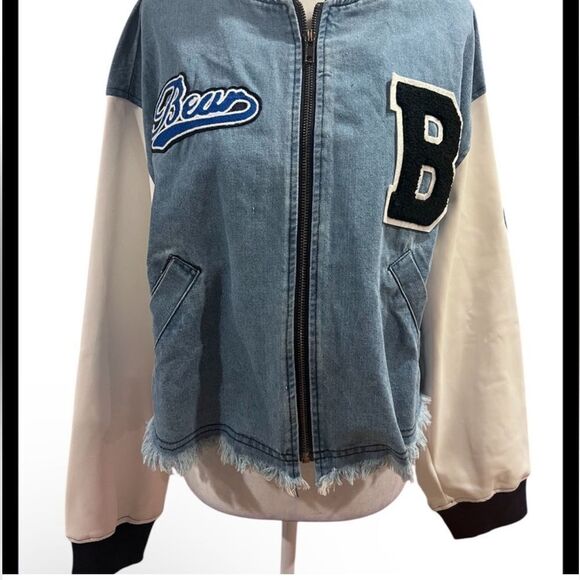 Anthropologie x Mable cropped varsity denim jacket faux leather sleeves  Small - Picture 1 of 6